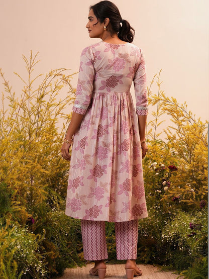 Women Floral Printed Empire Mirror Work Kurta with Trousers