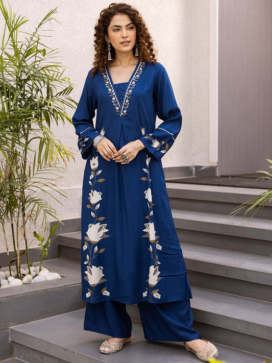 Dhiyona SN Women's Floral Printed sequins Embroidered A-Line Kurta Set