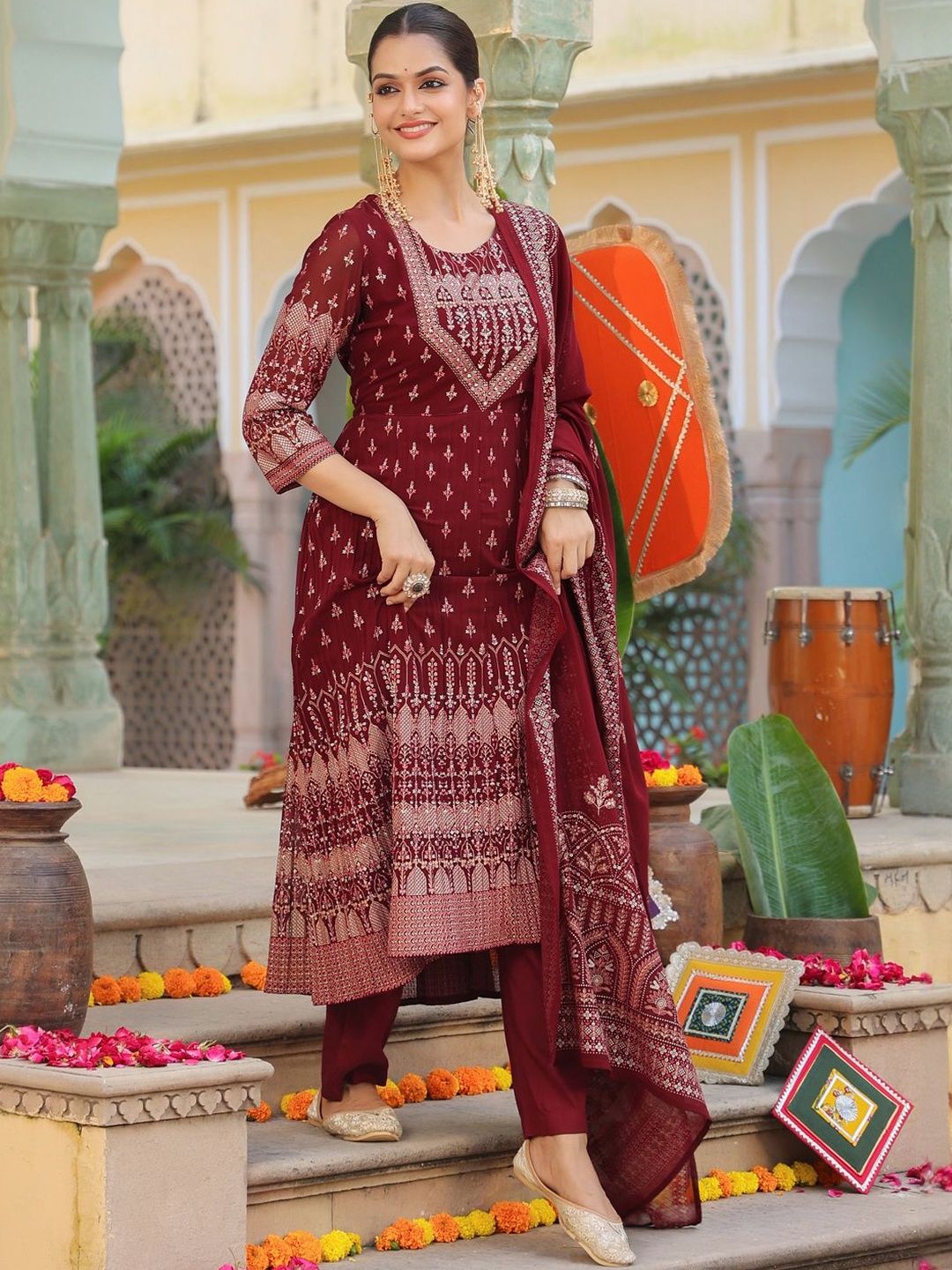 Dhiyona RR Women's Ethnic Motifs Printed Regular Kurta with Trousers & With Dupatta