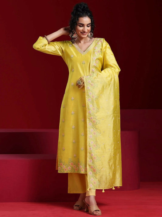 Women's LB Art Yellow Embroidered Chanderi Silk Straight Suit With Dupatta