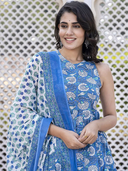 Dhiyona KL Floral Printed Anarkali Pure Cotton Kurta With Palazzos & Dupatta