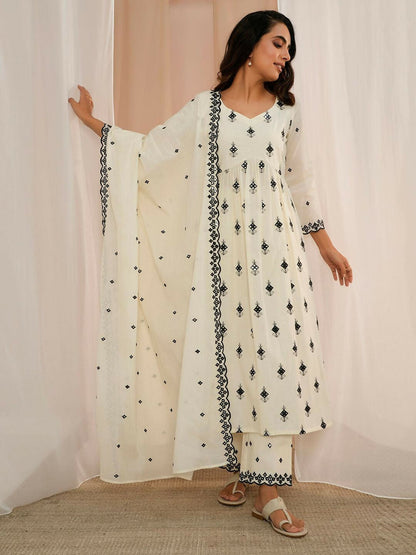 Women's LB Off White Embroidered Cotton Anarkali Suit With Dupatta