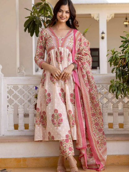 Dhiyona KL Women Floral Printed Regular Pure Cotton Kurta with Trousers & With Dupatta