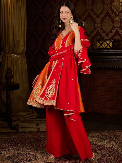 Dhiyona CH Women Ethnic Motifs Embroidered Panelled Thread Work Kurta with Palazzos & With Dupatta