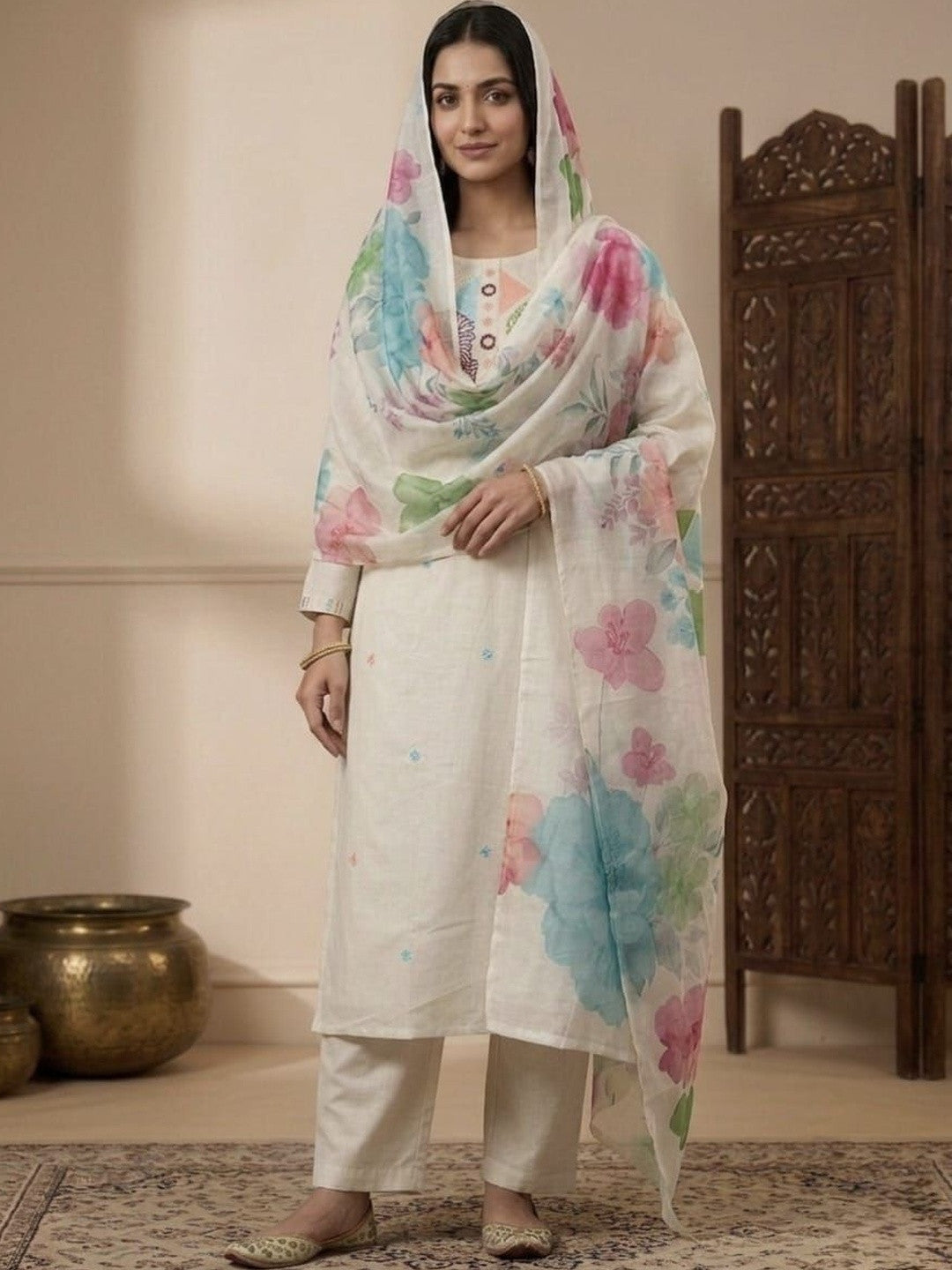 Embroidered Pure Cotton Round Neck Kurta & Trousers With Dupatta