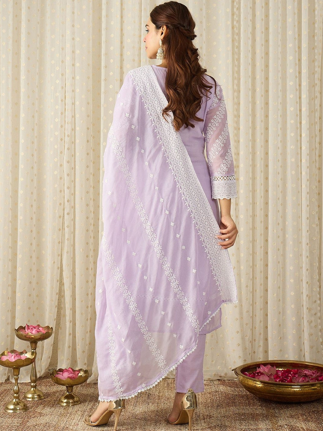 Women Ethnic Motifs Embroidered Regular Chikankari Pure Cotton Kurta with Trousers & With Dupatta
