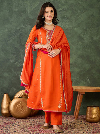Dhiyona KL Women Ethnic Motifs Embroidered Regular Thread Work Kurta with Trousers & With Dupatta