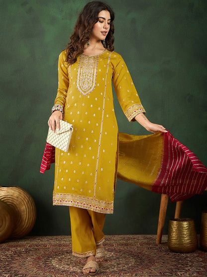 V Neck Embroidered Straight Kurta Set