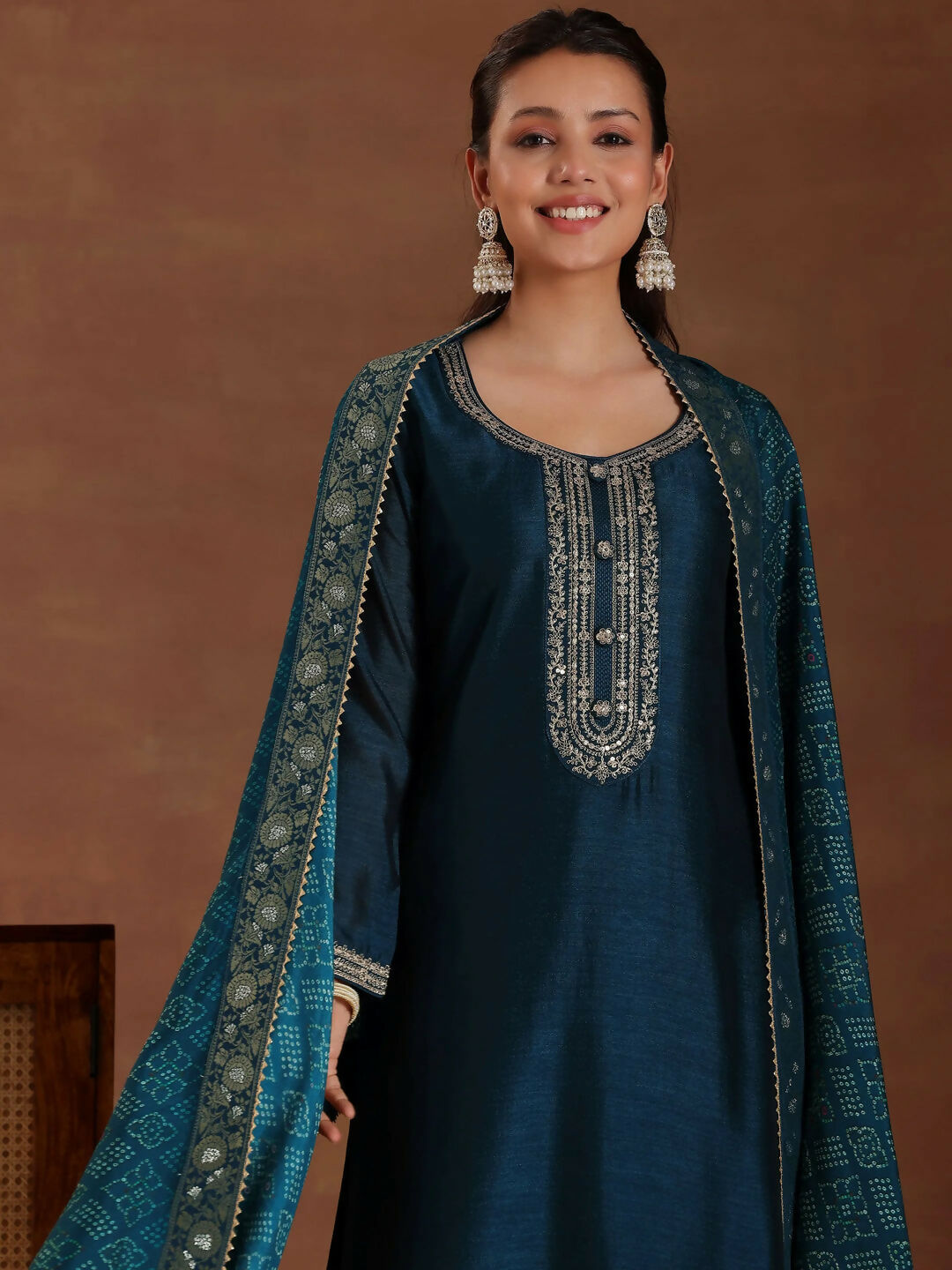 Women's LB Teal Embroidered Silk Blend Straight Suit With Dupatta