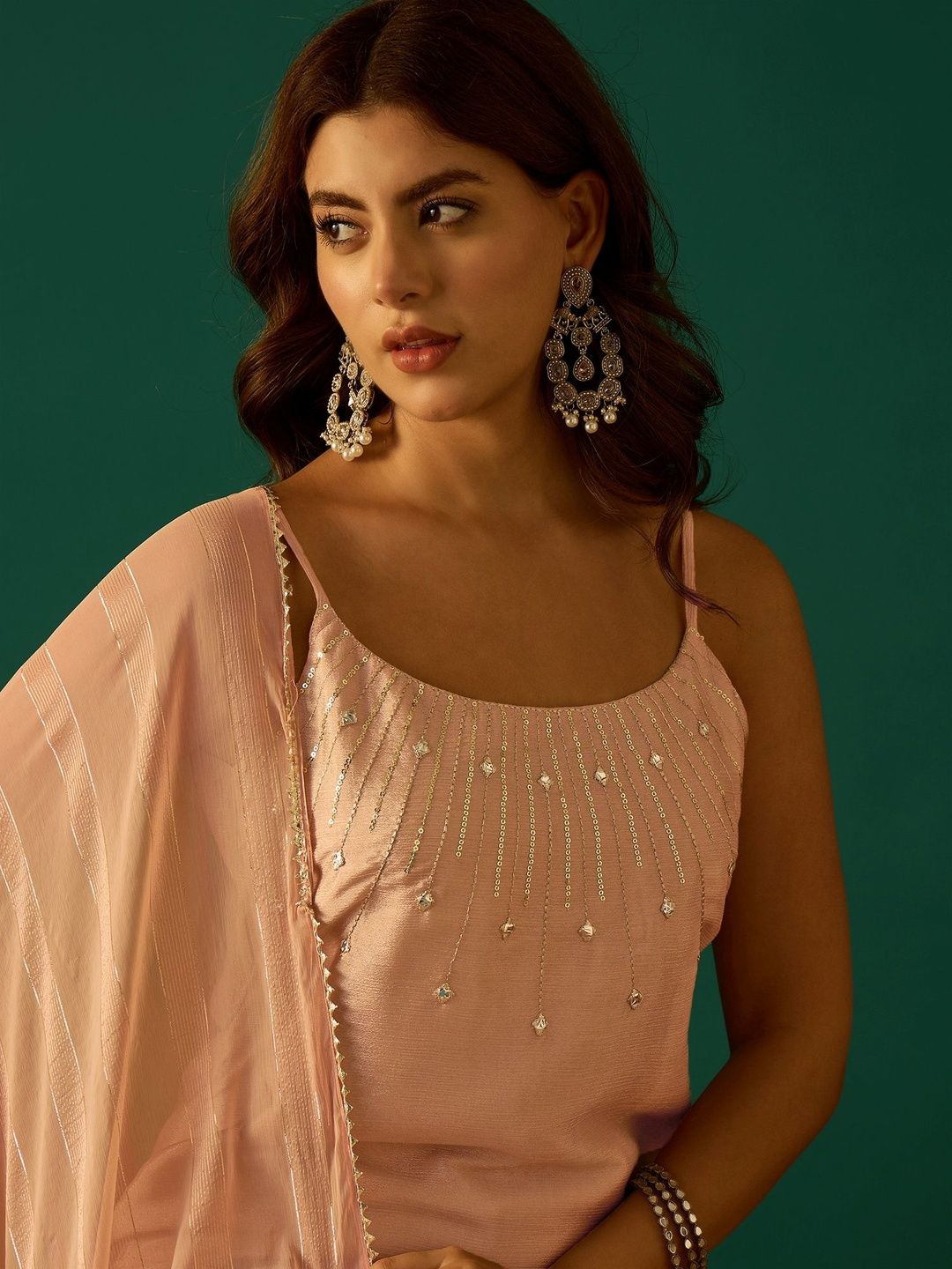 Dhiyona VA Women Embroidered Regular Beads and Stones Kurta with Palazzos & Dupatta