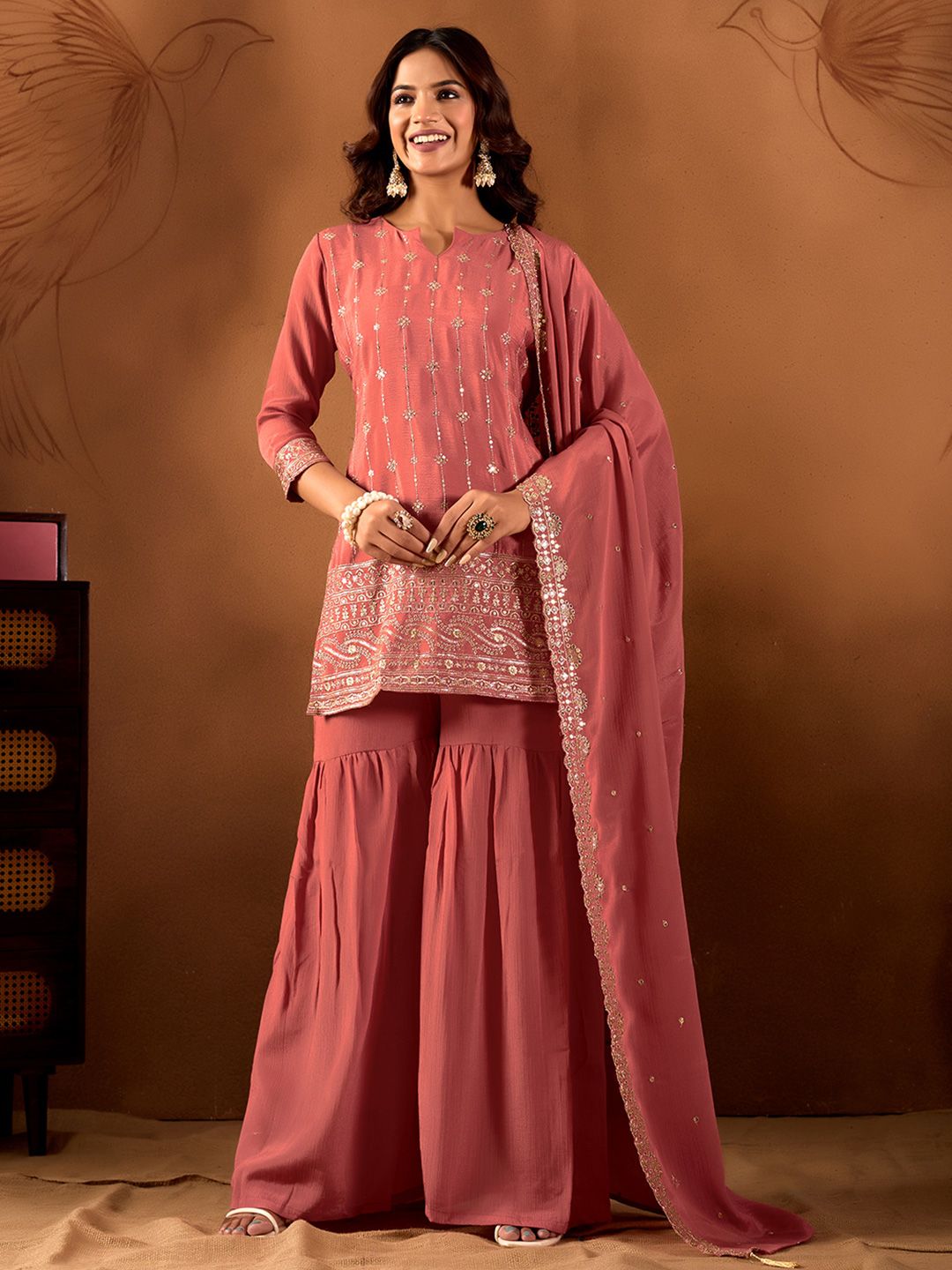 Dhiyona AN Women Ethnic Motifs Embroidered Regular Sequinned Kurta with Sharara & With Dupatta