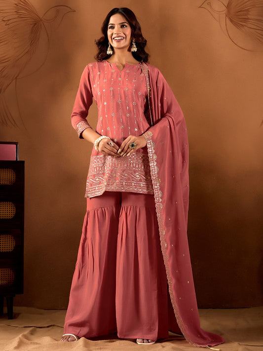 Dhiyona AN Women Ethnic Motifs Embroidered Regular Sequinned Kurta with Sharara & With Dupatta