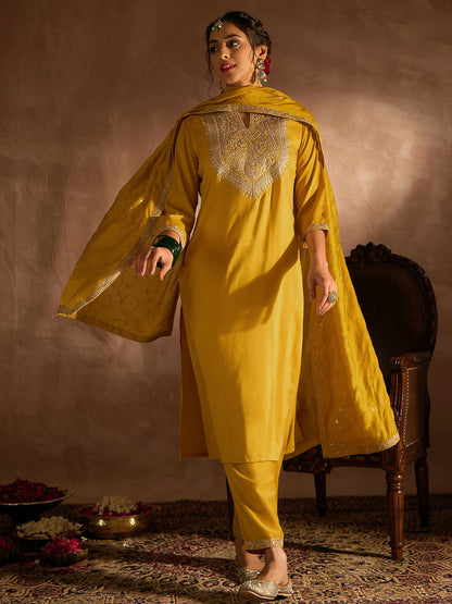 Women's Yellow Embroidered Straight Kurta Trousers With Dupatta set