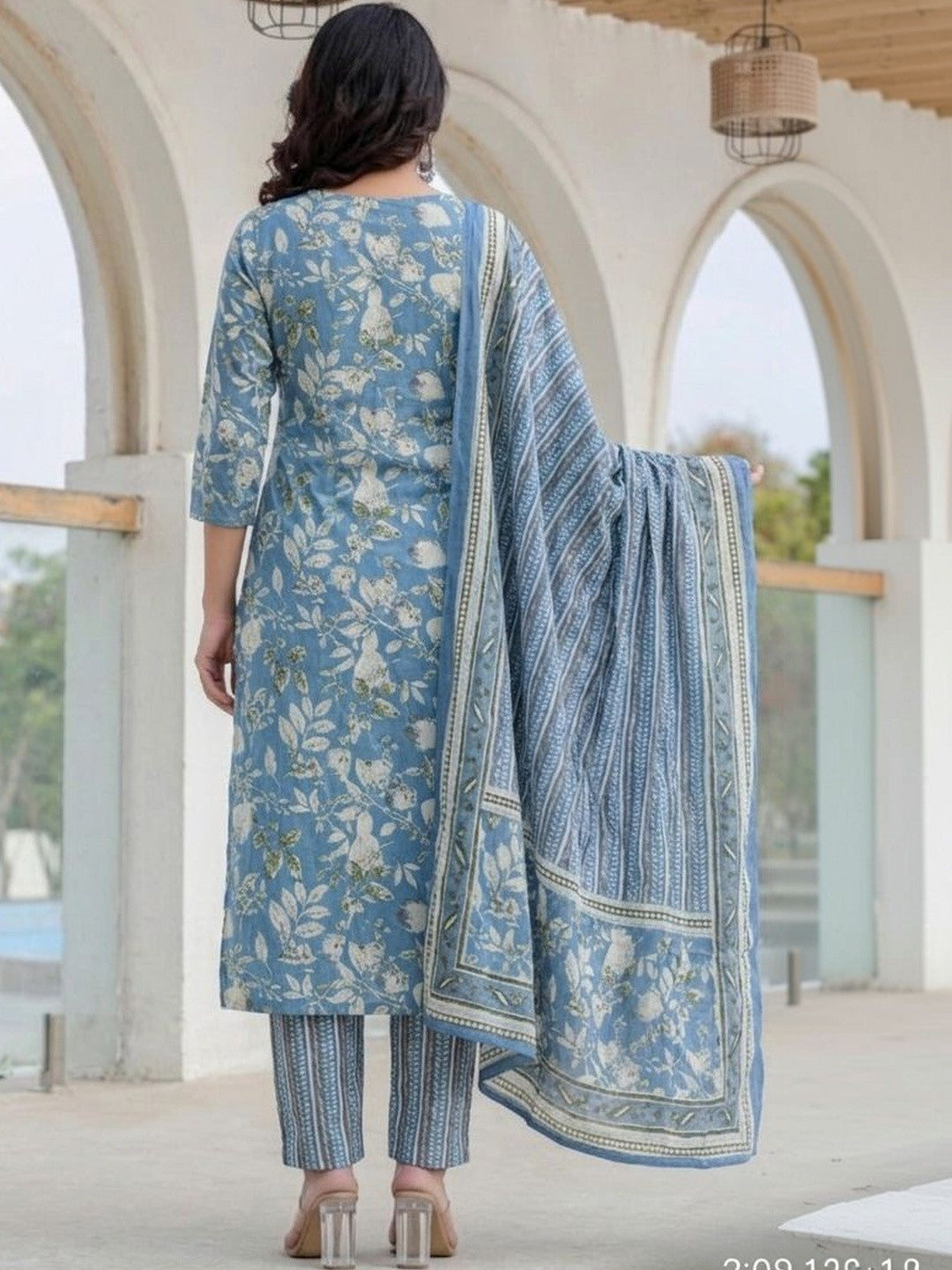 Embroidered Pure Cotton V-Neck Kurta & Harem Pants With Dupatta