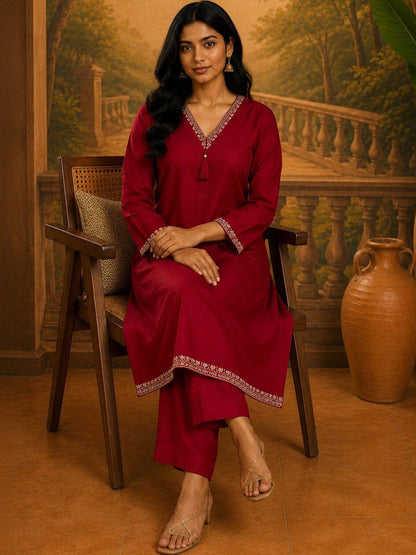 Women Embroidered V-Neck Straight Kurta & Trousers
