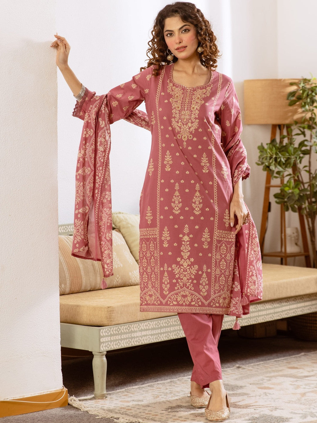 Printed Cotton Sweetheart Neck Kurta & Trousers With Dupatta