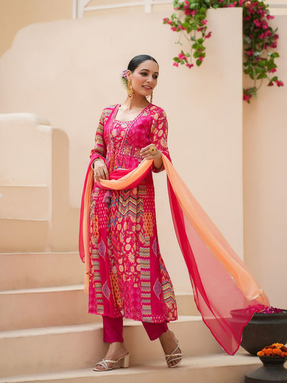 Dhiyona RR Women's Floral Printed Empire Sequinned Kurta with Trousers & With Dupatta