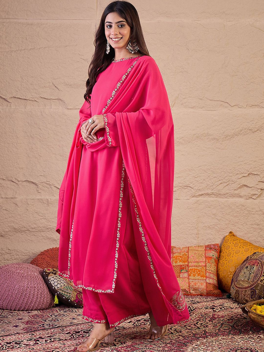Dhiyona IN Women Floral Embroidered Regular Thread Work Kurta with Palazzos & Dupatta