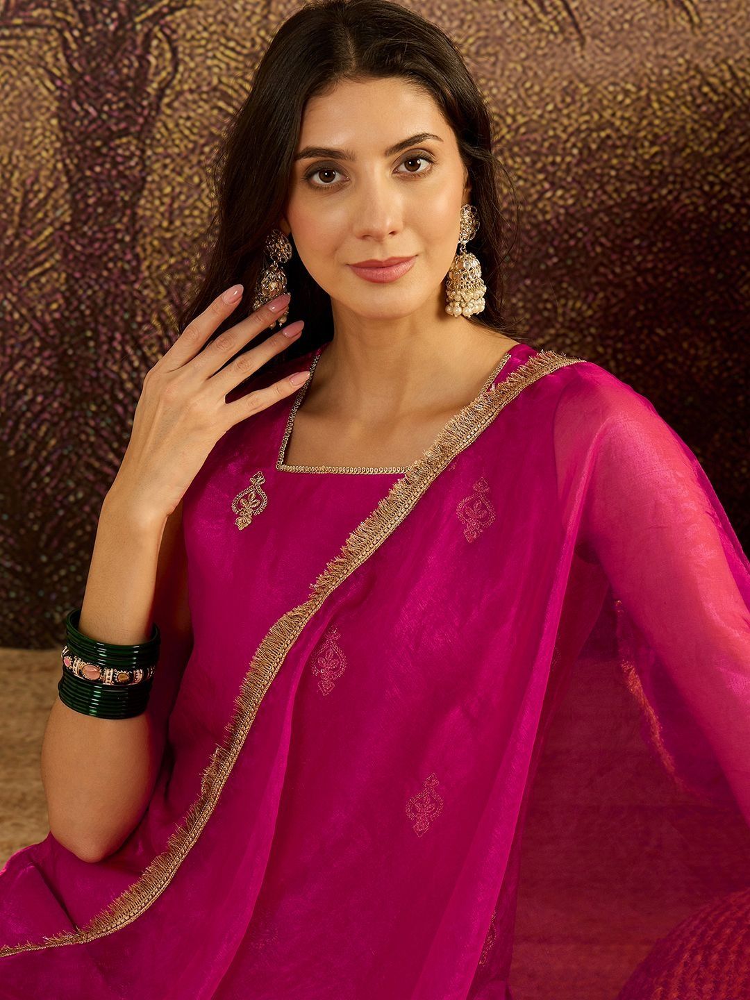 Dhiyona SN Embroidered Sequence Kurta & Palazzos with Dupatta Set