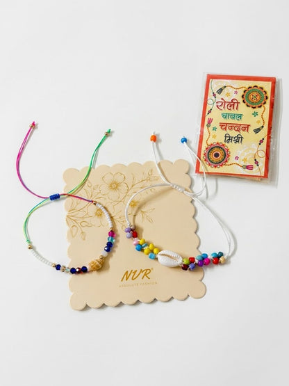 Dhiyona Set Of 2 Artificial Beads Thread Rakhi With Roli Chawal Chandan Mishri