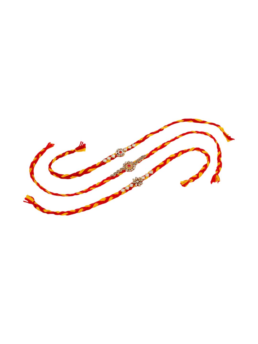Dhiyona Men Set Of 3 Red & Yellow Kundan Studded Floral Design Thread Rakhi With Roli Chawal