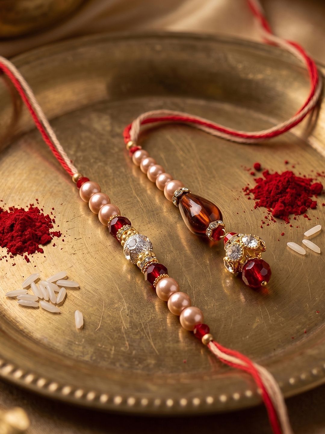 Dhiyona Set Of 2 Multicolor Artificial Stones & Beads Bhaiya Bhabhi Rakhi With Roli Chawal