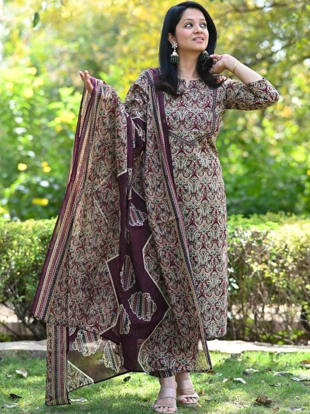 Printed Cotton Blend Boat Neck Kurta & Trousers With Dupatta