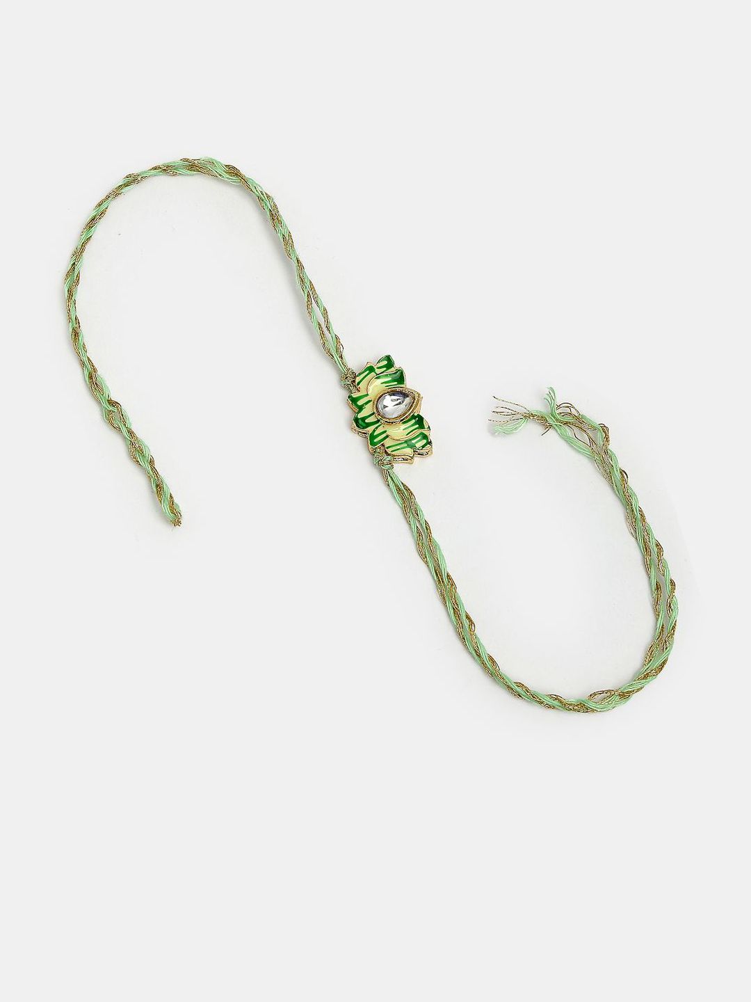 Dhiyona Unisex Set Of 2 Green Lotus Shape Kundan-Studded & Beaded Wraparound Rakhi Set