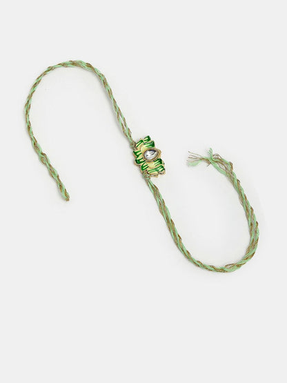 Dhiyona Unisex Set Of 2 Green Lotus Shape Kundan-Studded & Beaded Wraparound Rakhi Set