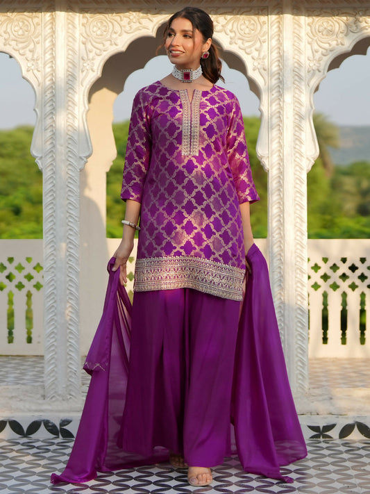 Women's LB Magenta Woven Design Silk Blend Straight Suit With Dupatta