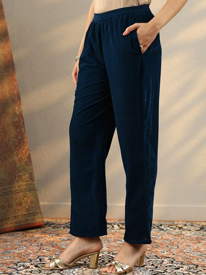 Ethnic Motifs Embroidered Round Neck Zari Velvet Kurta & Trousers With Dupatta