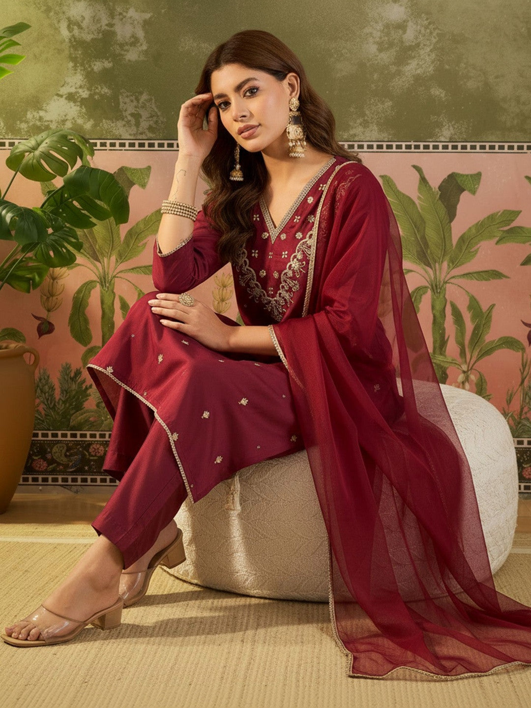 Embroidered Round Neck Kurta & Trousers With Dupatta