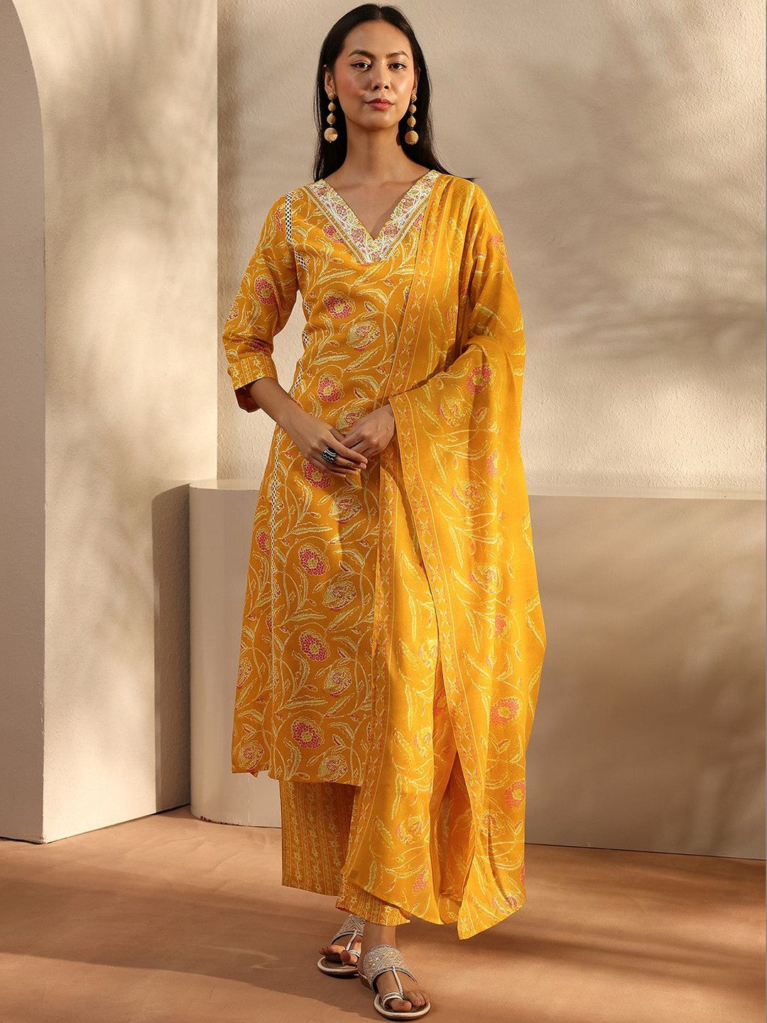 Libas Yellow Floral Printed Cotton A-Line Suit Set With Dupatta