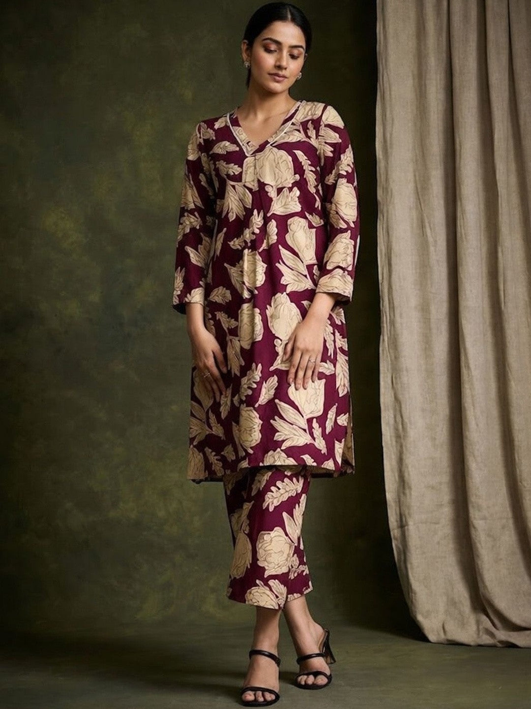 Printed Pure Cotton V-Neck Kurta & Trousers