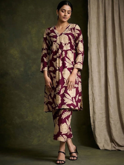 Printed Pure Cotton V-Neck Kurta & Trousers