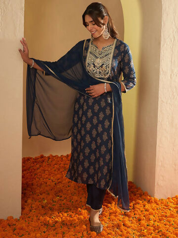 Women's Blue Embroidered Straight Kurta Palazzos With Dupatta Set