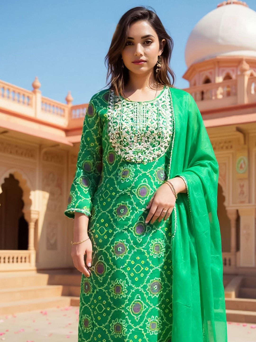 Dhiyona IE Ethnic Motifs Embroidered Sequinned Straight Kurta With Trousers & Dupatta