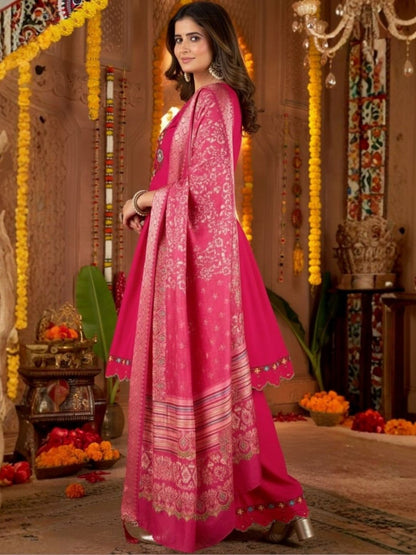 Dhiyona KL Women Ethnic Motifs Embroidered Tiered Thread Work Pure Silk Kurta with Palazzos & With Dupatta