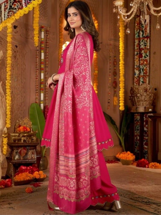 Dhiyona KL Women Ethnic Motifs Embroidered Tiered Thread Work Pure Silk Kurta with Palazzos & With Dupatta