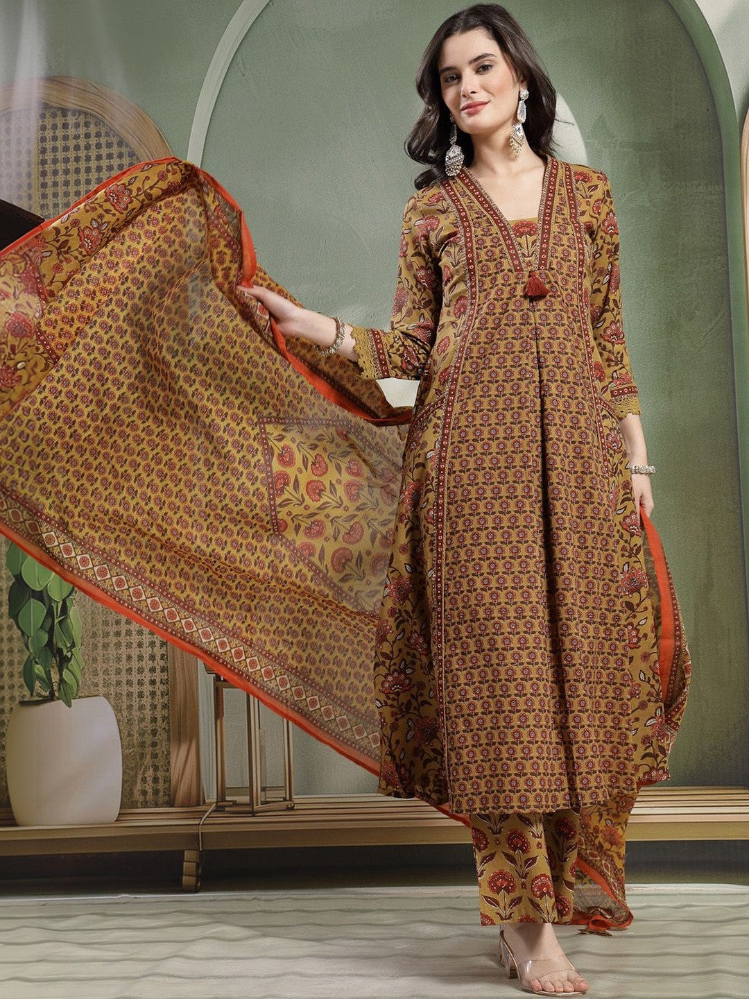 Dhiyona SN Printed Pure Cotton V-Neck Kurta & Palazzos With Dupatta