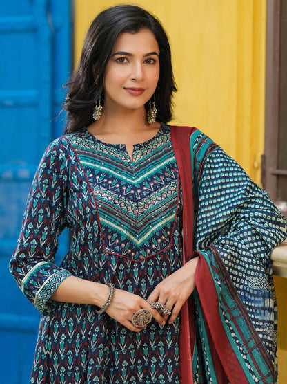 Dhiyona RR Women's Ethnic Motifs Printed Pure Cotton Kurta with Trousers & Dupatta