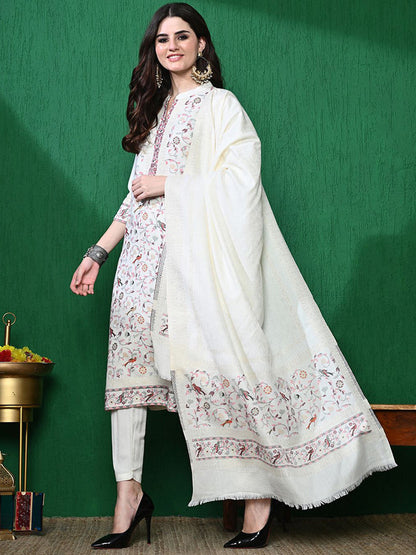 Floral Woven Design Winter Pashmina Kurta & Trouser With Dupatta