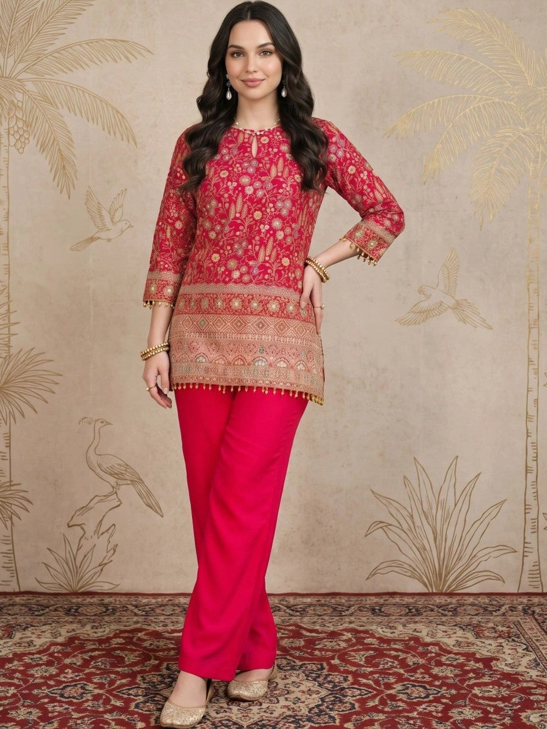 Dhiyona SN Women Ethnic Motifs Embroidered Regular Mirror Work Silk Crepe Kurti with Trousers