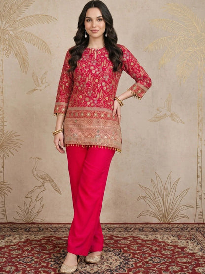 Women Ethnic Motifs Embroidered Regular Mirror Work Silk Crepe Kurti with Trousers