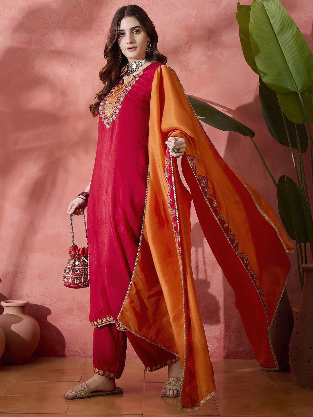 Women Ethnic Motif Embroidered Sequinned Kurta & Trousers With Dupatta