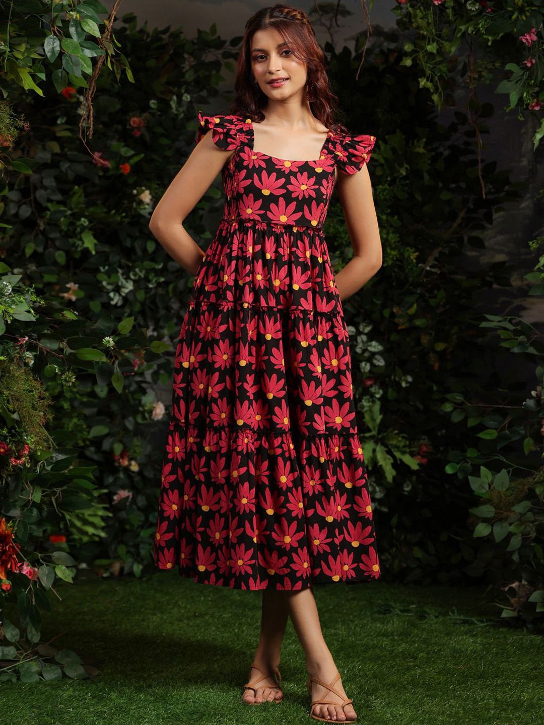 Dhiyona AY Women's Floral Printed Fit & Flare Ethnic Midi Dress