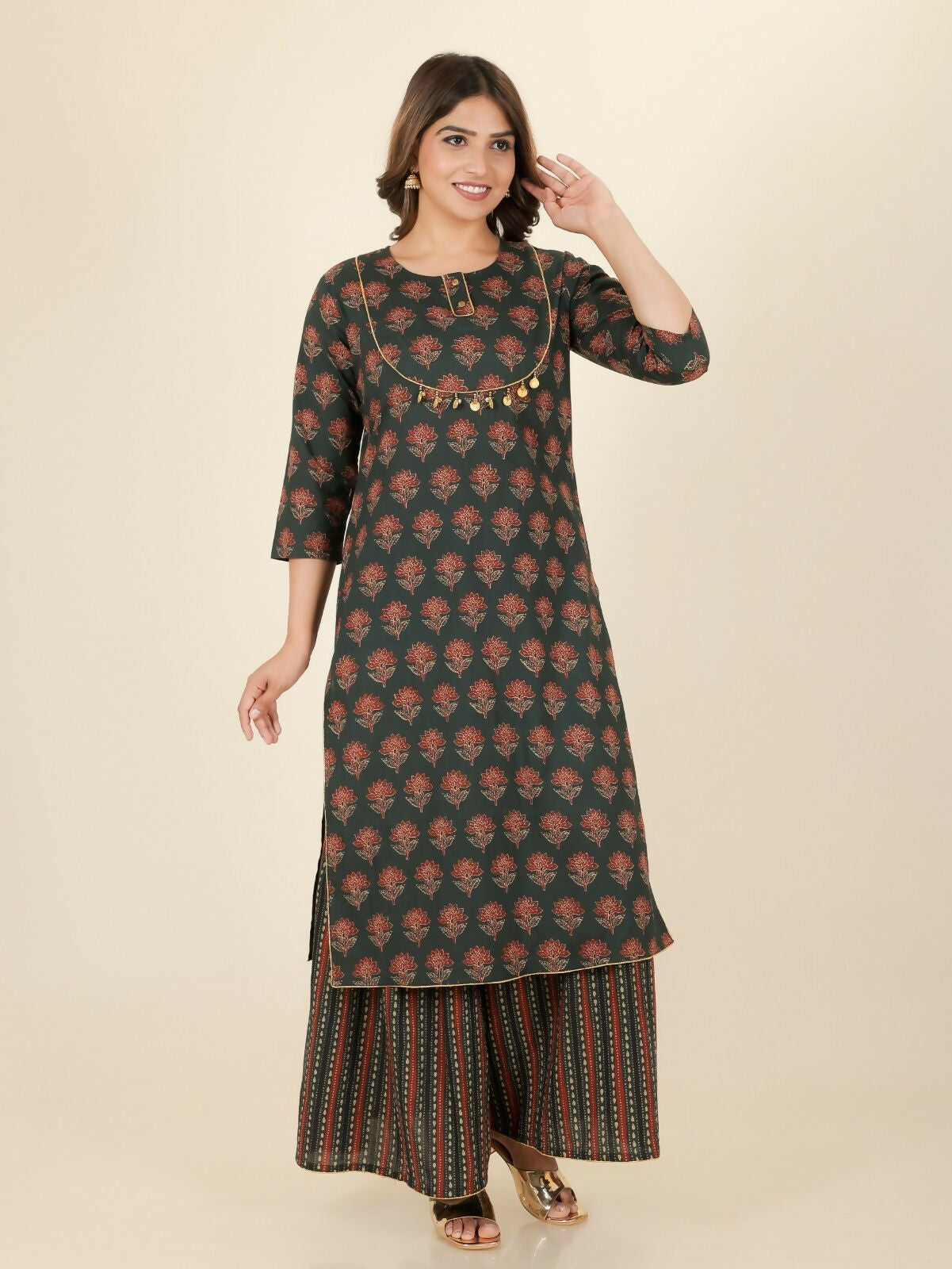 Women's Straight Soft Cotton Ajrakh Print Women's Kurta Set - Green