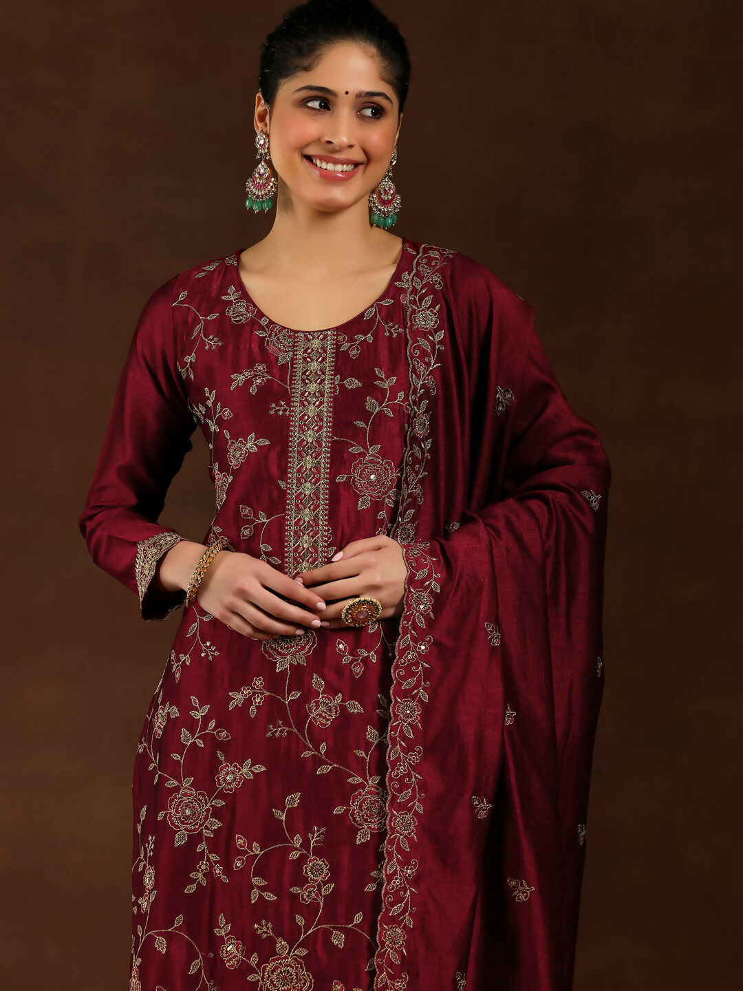 Women's LB Maroon Embroidered Silk Blend Straight Suit With Dupatta