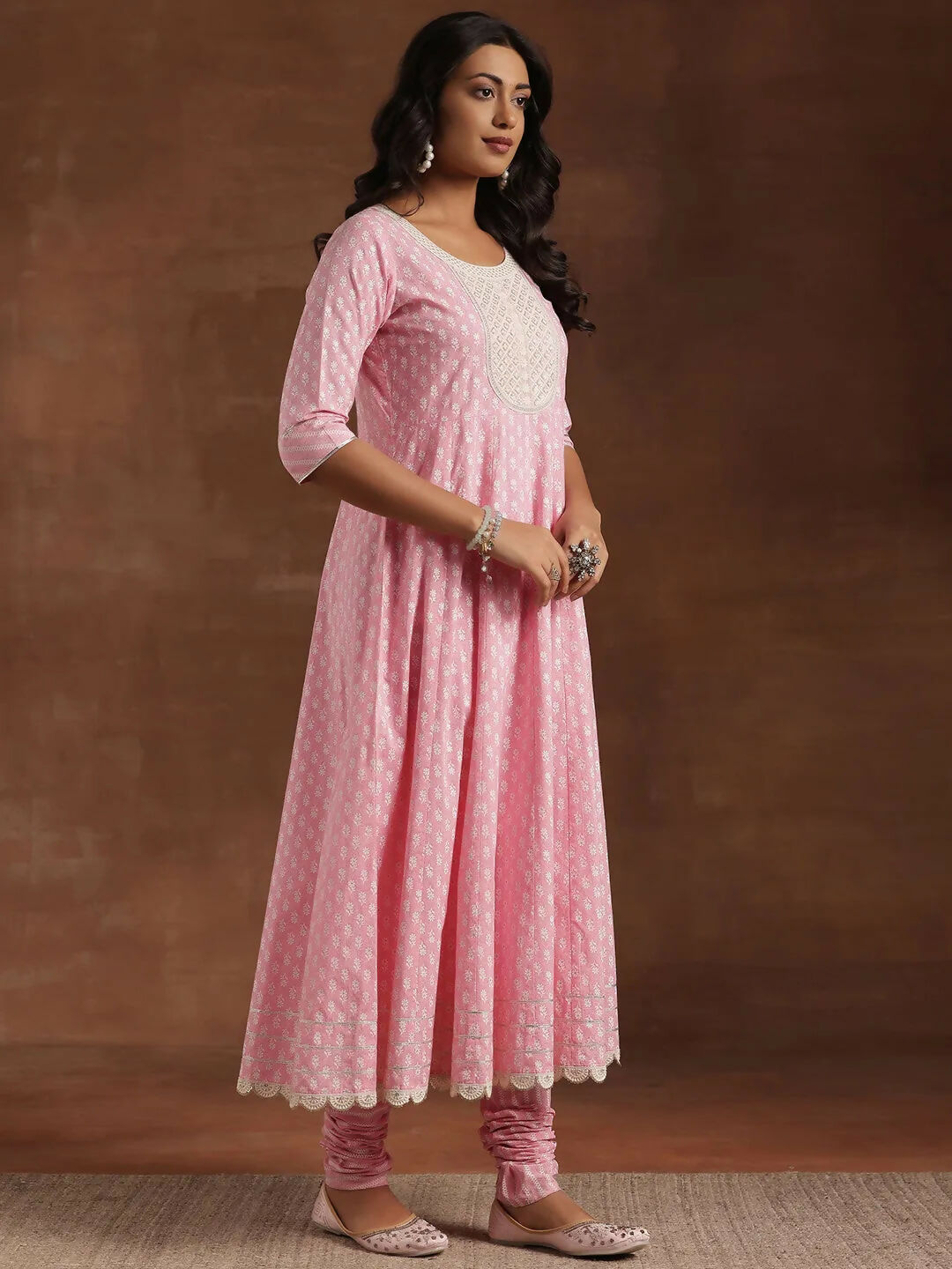 Women's LB Pink Printed Cotton A-Line Kurta With Churidar & Dupatta