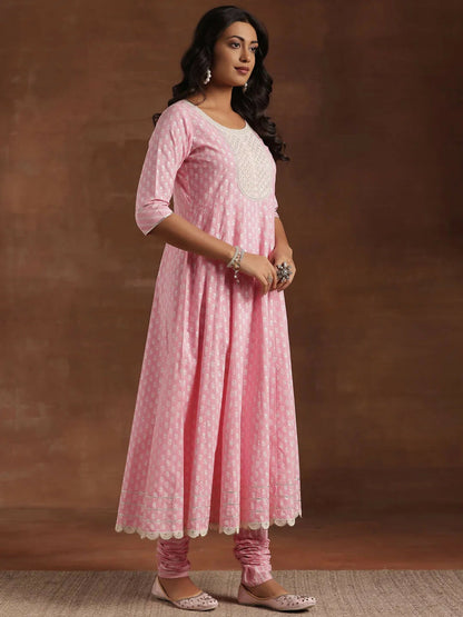 Women's LB Pink Printed Cotton A-Line Kurta With Churidar & Dupatta